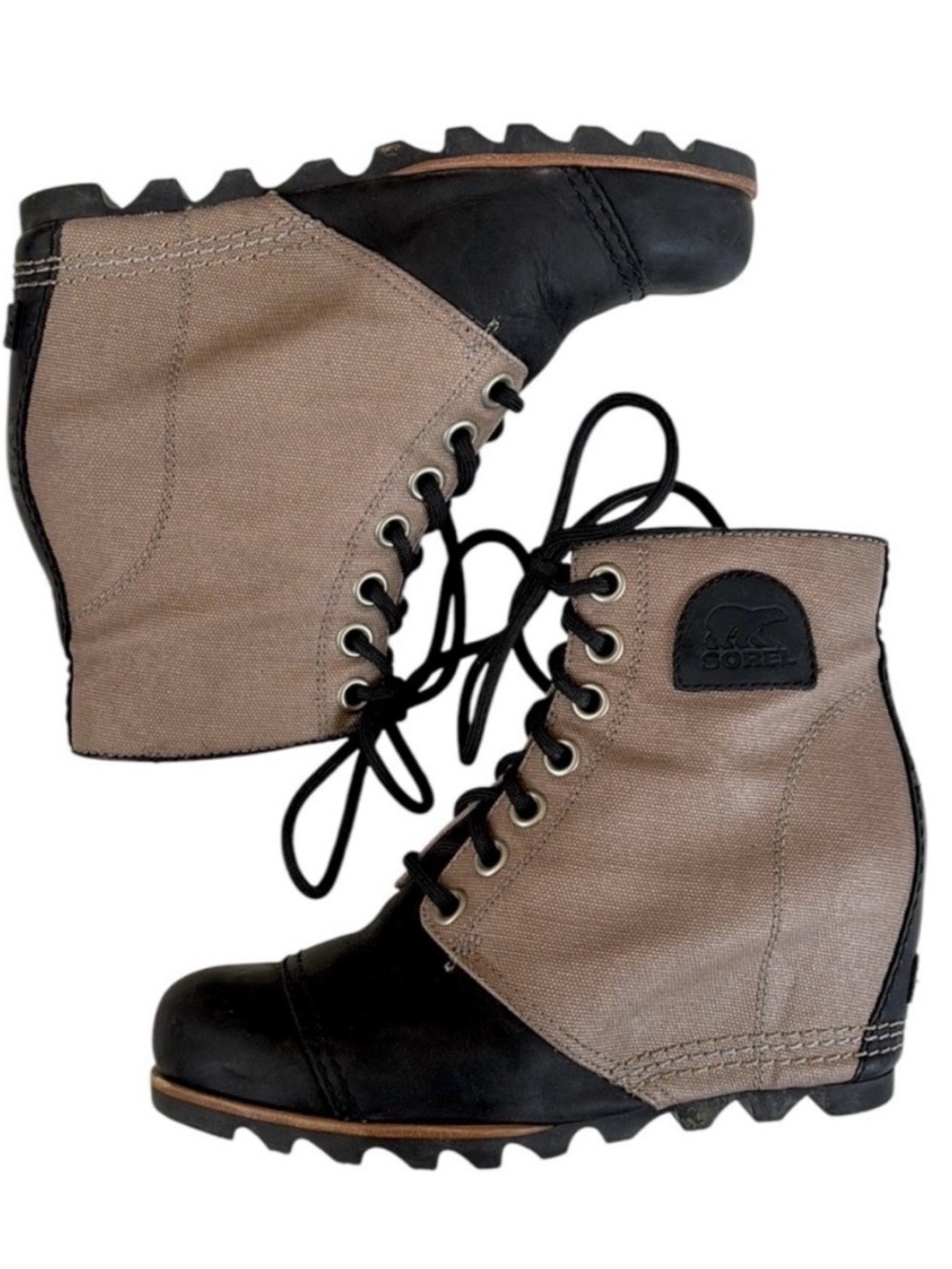 Sorel PDX Wedge Bootie Taupe Canvas Black Leather Hidden Wedge Boots Size 7 - Picture 4 of 8